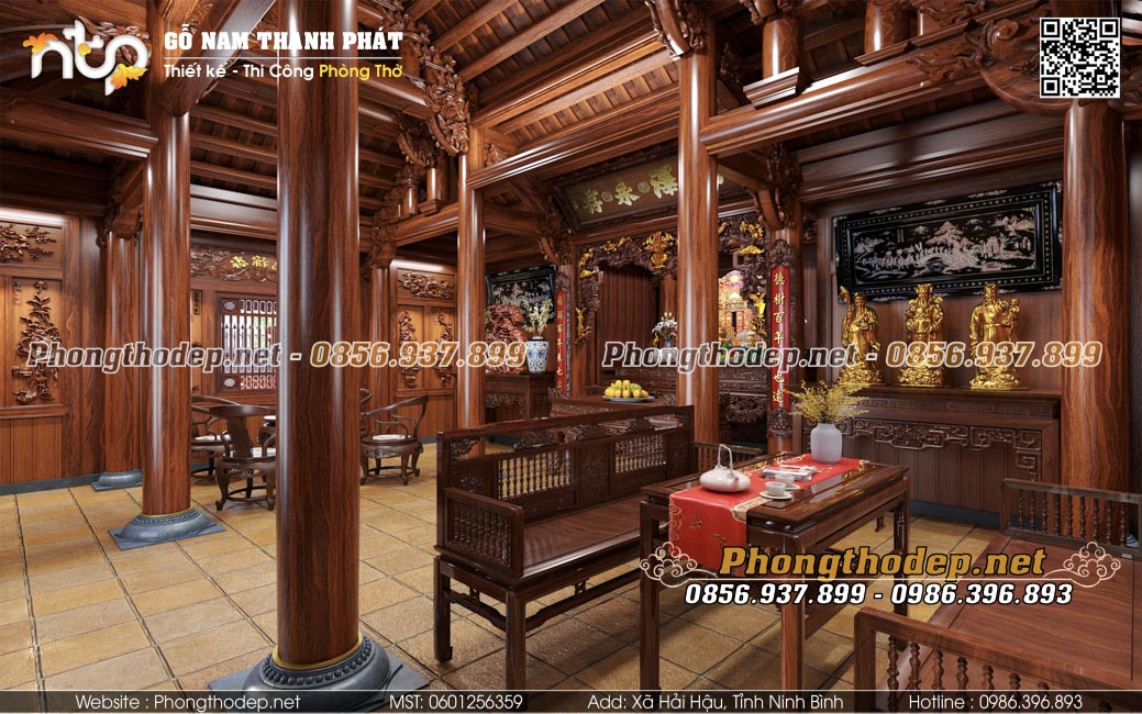 Nội thất nhà gỗ 3 gian truyền thống
